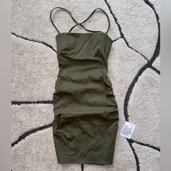 ASOS DESIGN lace-up back structured mini dress with
square neck in khaki - Picture 2 of 8